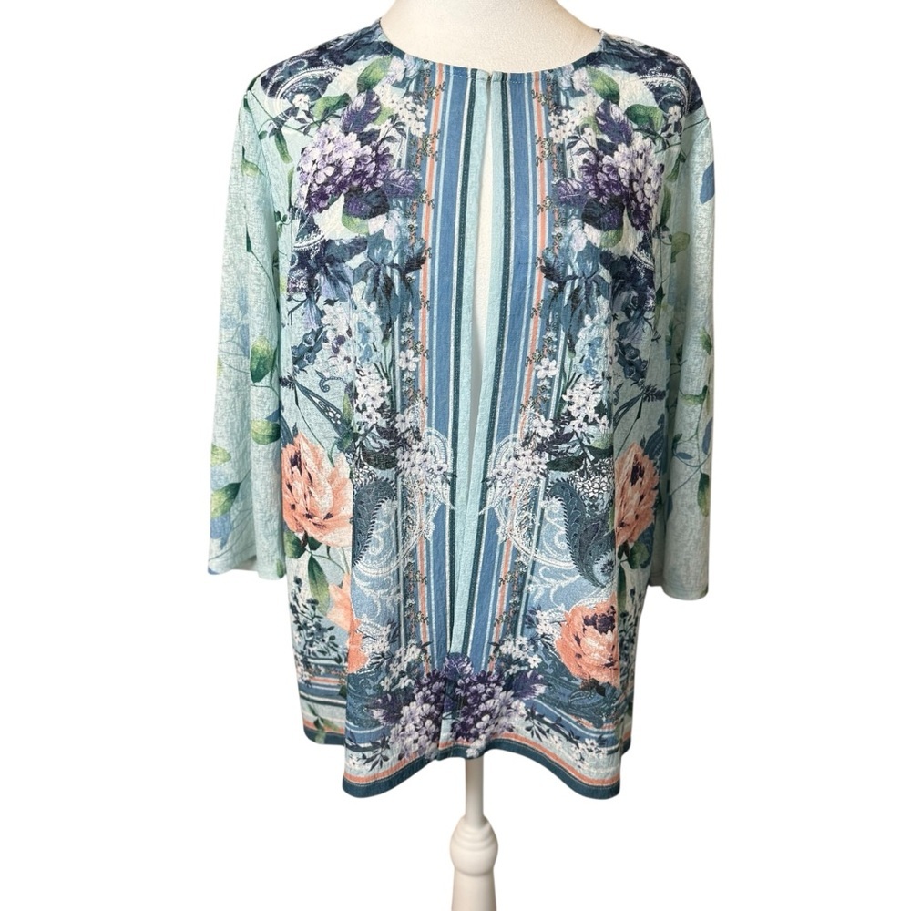 Easywear By Chicos 2 US L Semi Sheer 3/4 Sleeve Open Front Cardigan Floral Fairy
